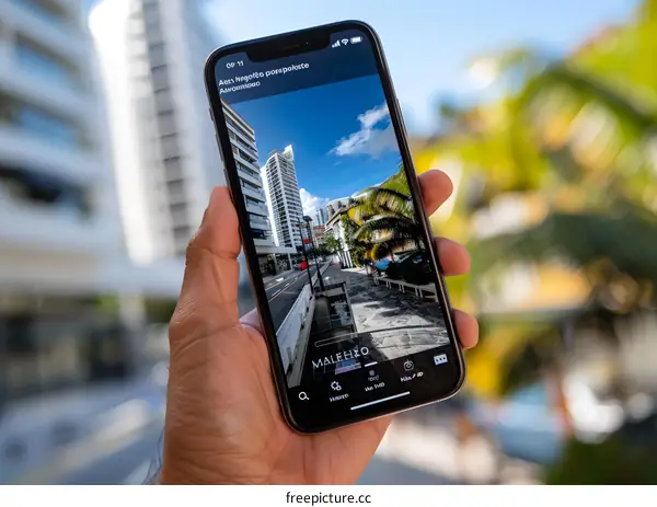 Hand Holding Smartphone with Cityscape Image on Screen