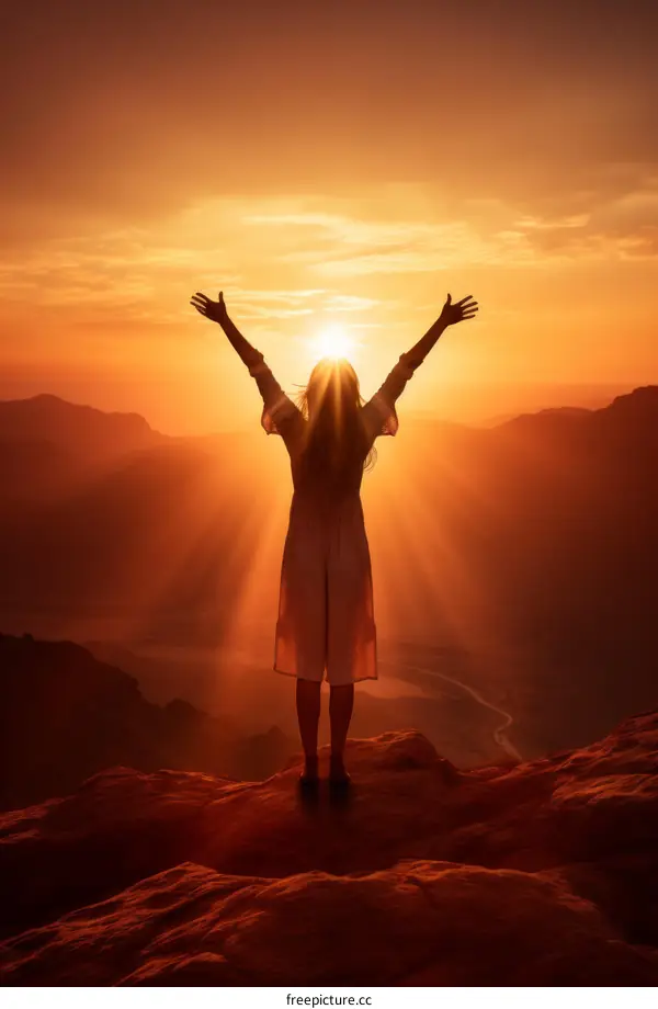 woman standing on a mountaintop with her arms raised in the air as the sun sets behind her