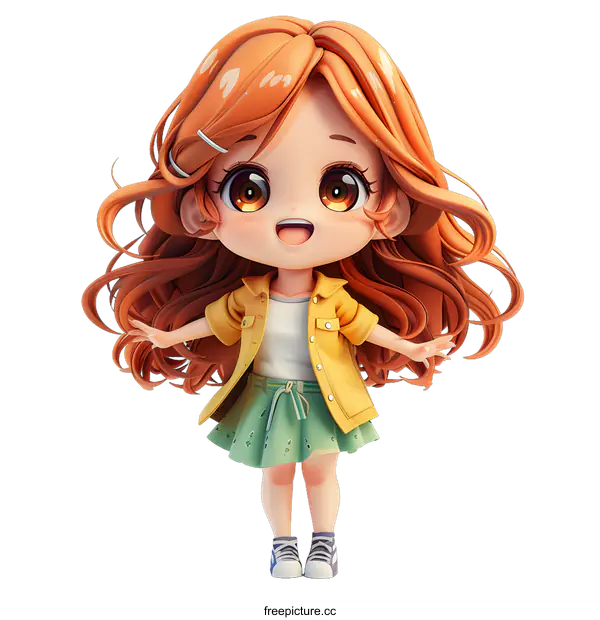 [Transparent Background PNG]Cute Cartoon Girl with Long Red Hair