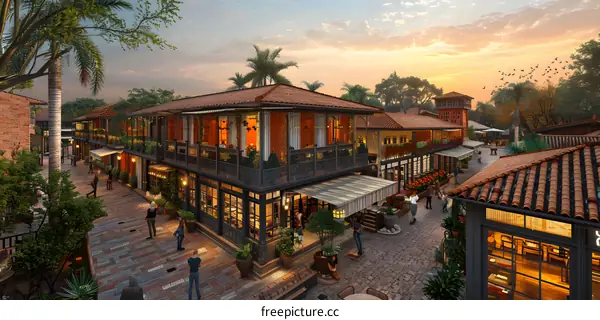 A rendering of a streetscape with shops and restaurants.