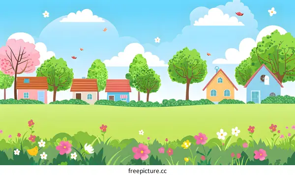 Cute Cartoon Illustration of Spring Village with Flowers and Trees