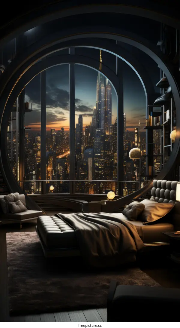 Futuristic Bedroom with City Skyline View