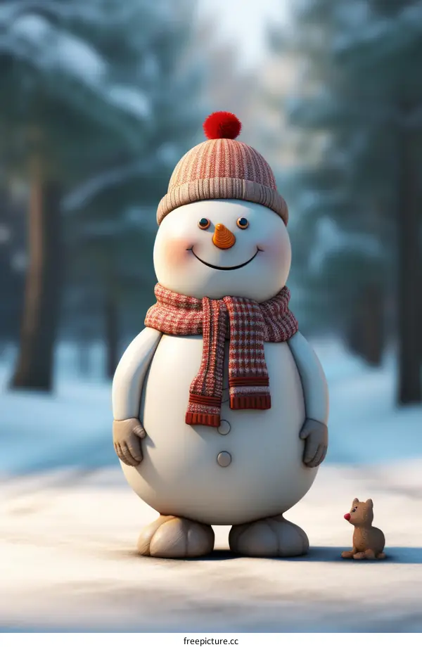 Cute Snowman with Mouse Friend in Winter Wonderland