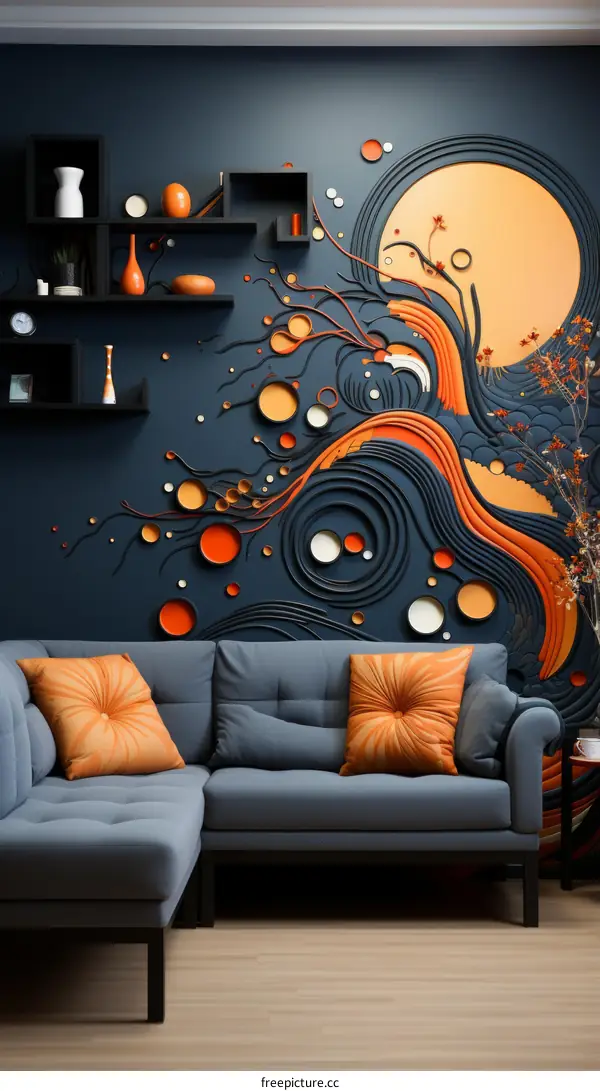 Blue and orange wall art and sofa