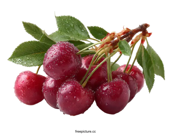 [Transparent Background PNG]Fresh Cherries with Dew Drops on Branch