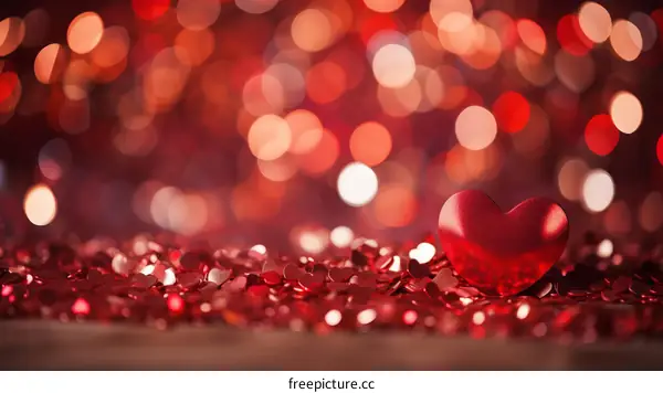 Red heart on red glitter background with blurred lights