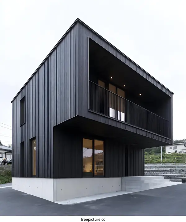 Modern Black Wooden House with Balcony and Concrete Base
