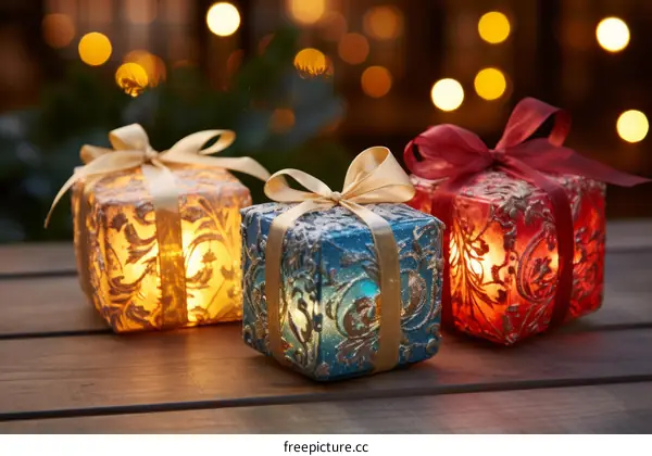 Three wrapped gifts with ribbons on a wooden table