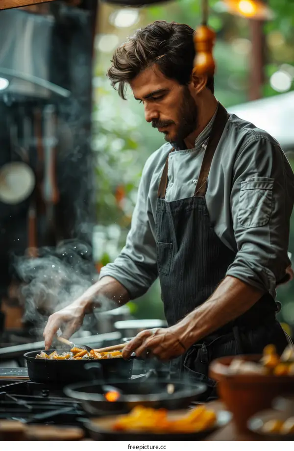 Focused male chef cooking in a restaurant kitchen