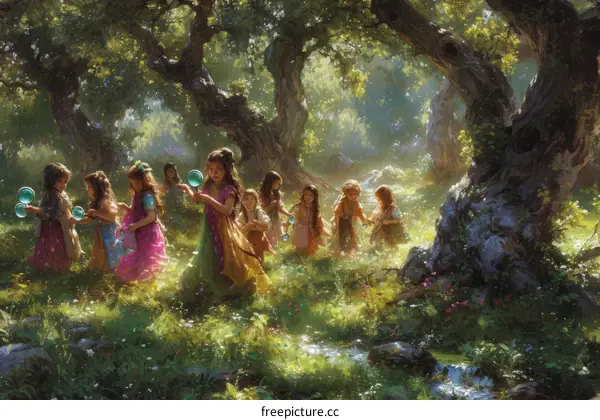 Little girls walking in the enchanted forest