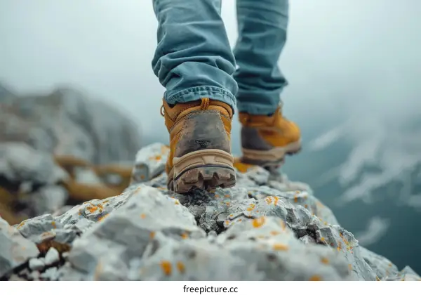 Close up of a man's feet in hiking boots walking on a rocky mountain trail