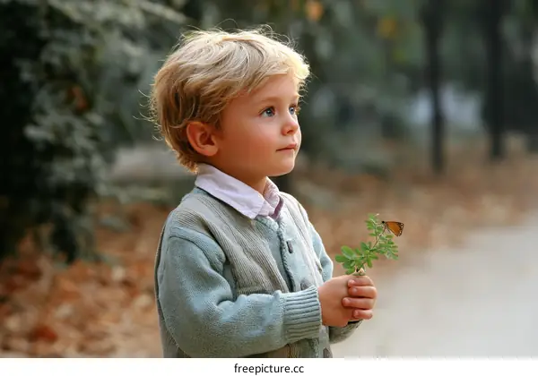 Caucasian Child Holding a Small Plant with a Butterfly in a Park