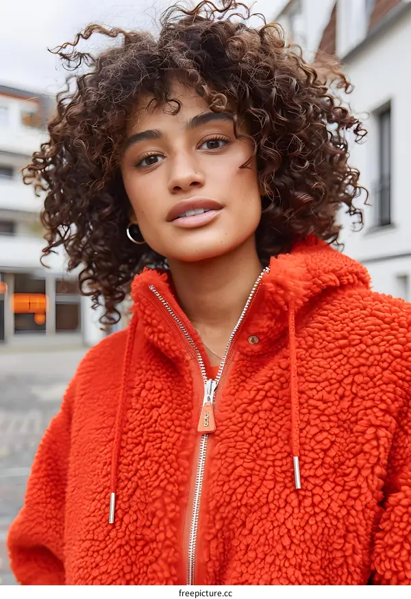 Woman Wearing Red Fuzzy Jacket with Hoodie
