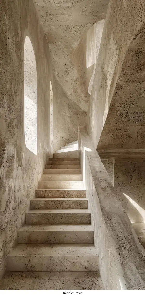 Curved Staircase of Rammed Earth in a Building