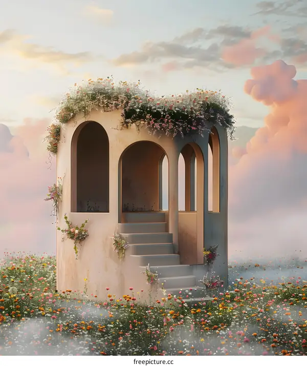 Stone Archway Covered in Flowers With Steps Leading Up