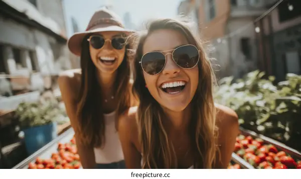 Two happy young women with sunglasses standing in front of a market stall full of strawberries