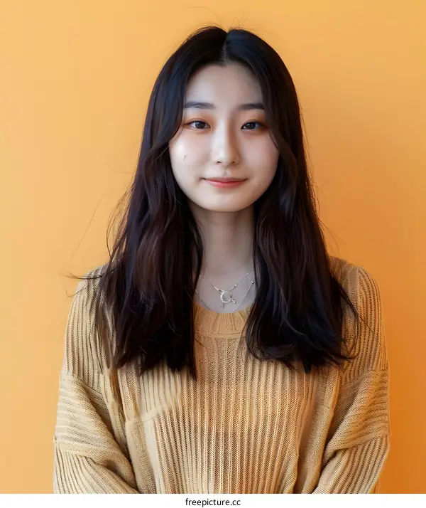 Young Asian Woman with Long Black Hair Wearing a Yellow Sweater