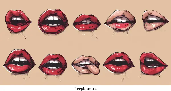 A set of eight hand-drawn red lips illustrations