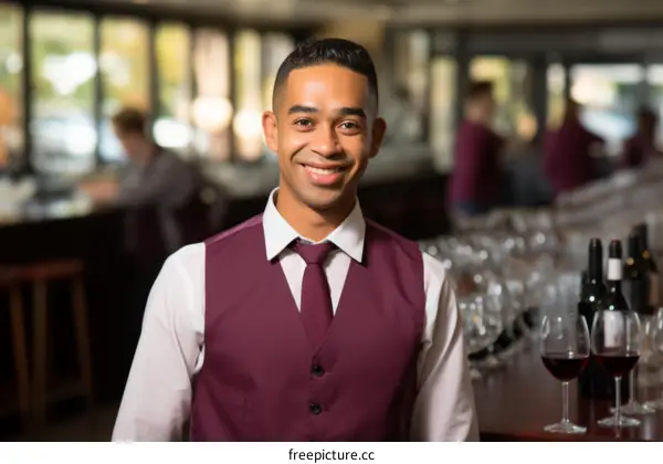Portrait of a Young African American Waiter in a Vest