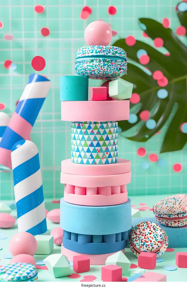 Colorful Abstract Stack of Circles and Cylinders Against Green Background