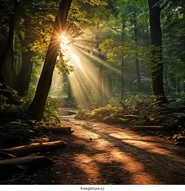 The sun shines through the forest