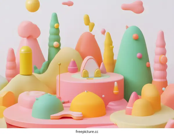 3D Rendered Abstract Landscape with Colorful Hills and Structures