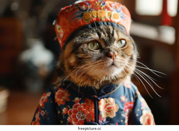 A cat wearing a traditional Chinese hat and outfit