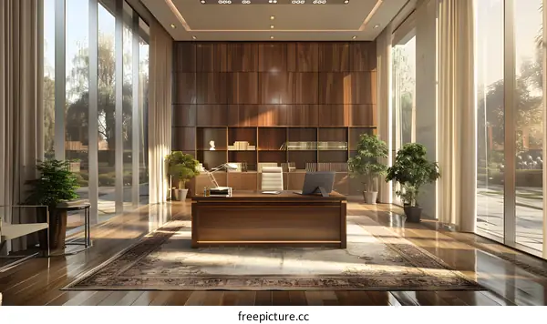 Office interior with large windows and wooden paneling