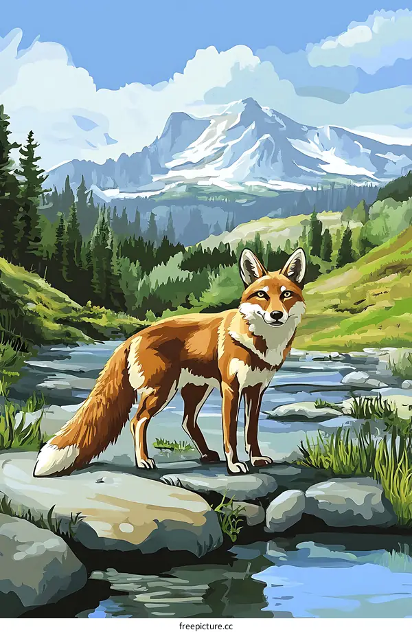 Red Fox Standing on Rocks by the River in a Mountain Landscape