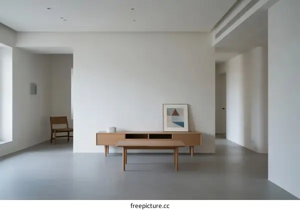Modern minimalist interior space with simple furniture and clean lines