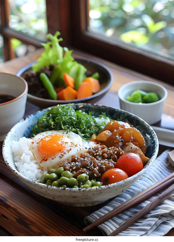 A delicious and healthy meal with rice, beef, vegetables and egg