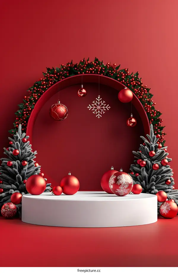 Red Christmas Background With Ornaments and Snowflakes
