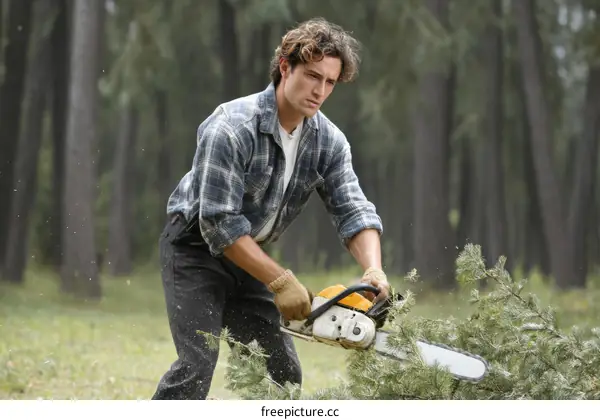 Man Using Chainsaw in Forest Landscape