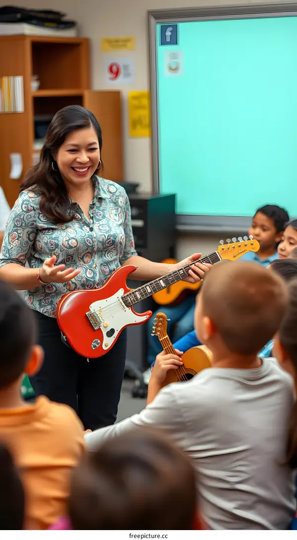Hispanic Teacher Playing Electric Guitar in Classroom for Students