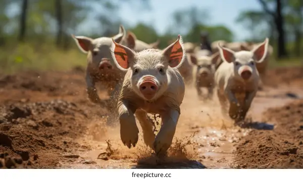 A group of feral pigs running through a muddy field