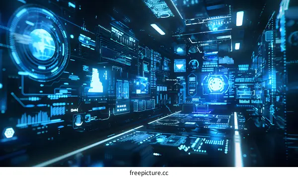 Futuristic control room interior with digital interface