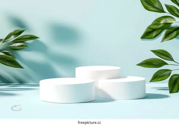White Cylindrical Podiums with Green Leaves Background