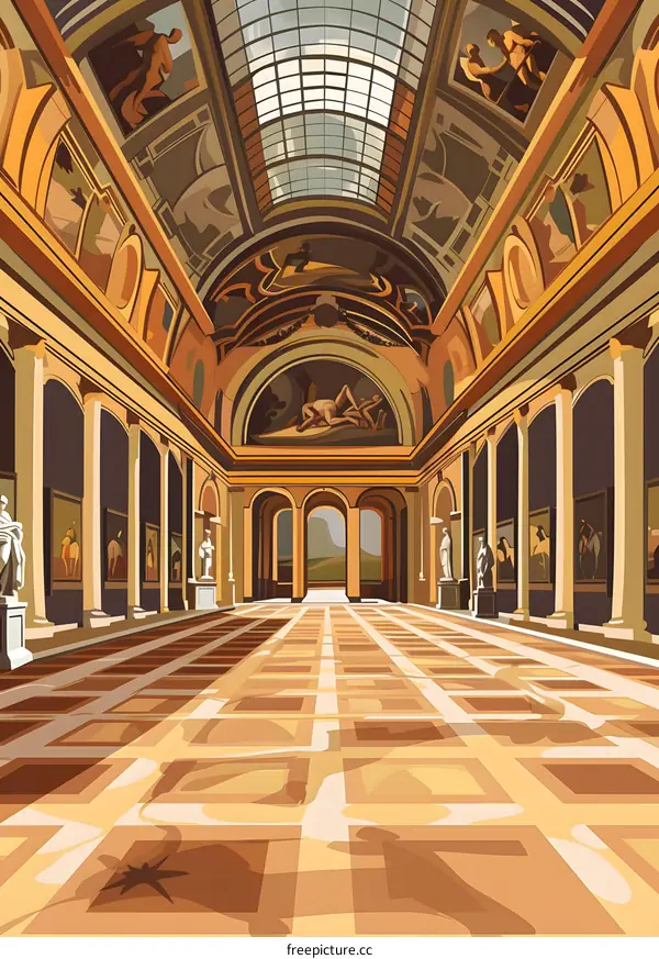 Classic Hallway with Fresco Painting and Statues