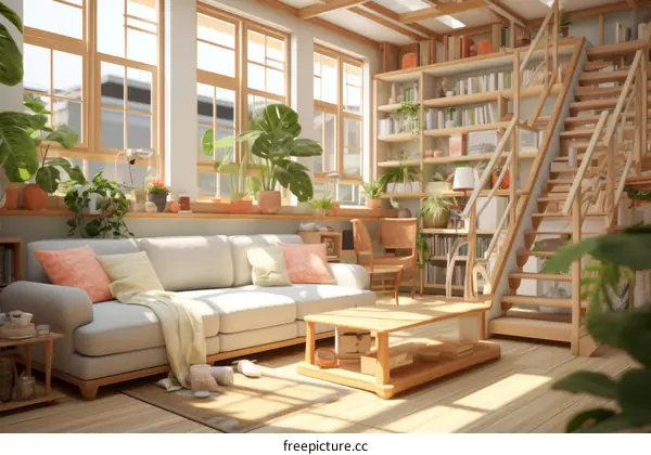 A Cozy and Welcoming Living Room with Bookshelf and Plants