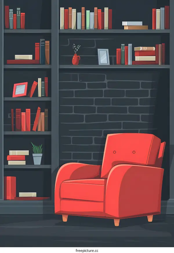 Red Armchair in a Cozy Reading Room with Bookshelf and Brick Wall