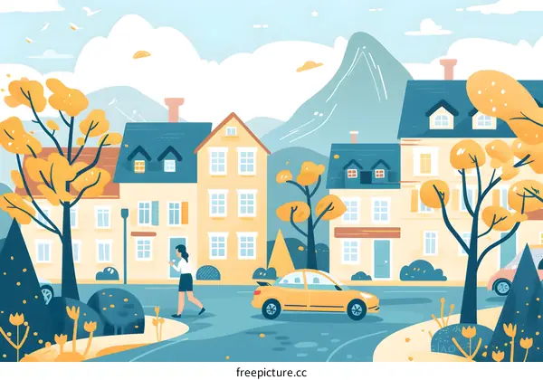 Cartoon Illustration of a Woman Walking in a Small Town with Houses and a Car