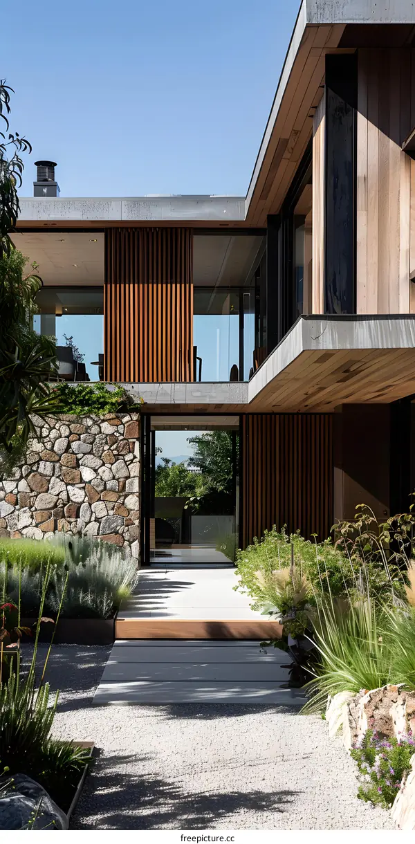 Modern House with Stone Wall and Wooden Accents