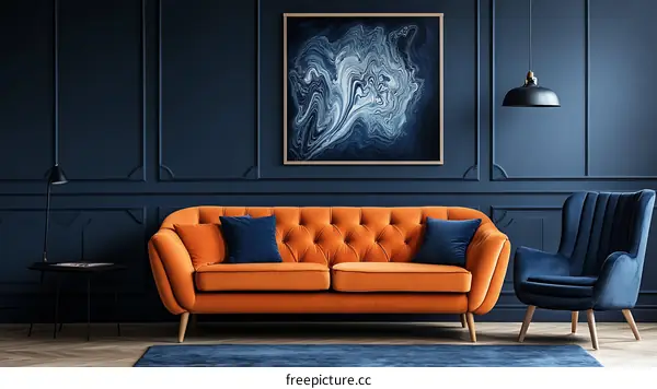 Modern Luxurious Living Room with Orange Sofa and Blue Accent Chair