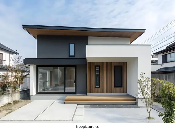 Modern Japanese Home Exterior With Wooden Accents