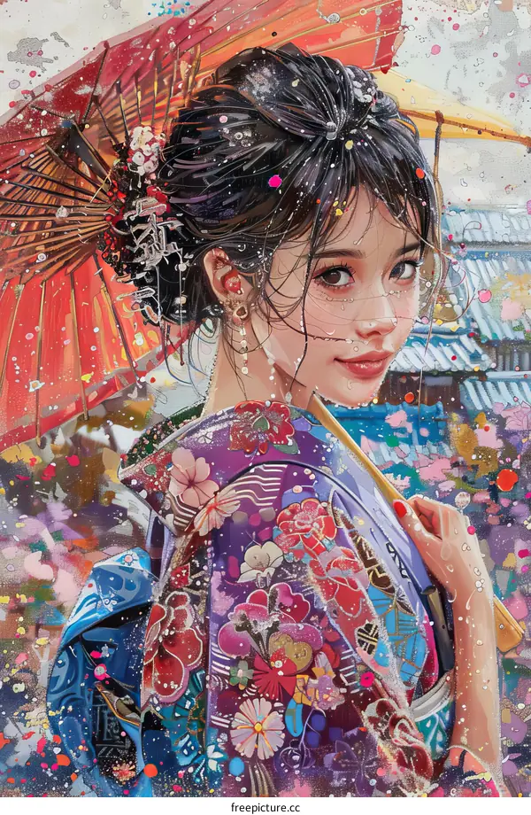 An Asian woman in a kimono holding a red umbrella in the rain