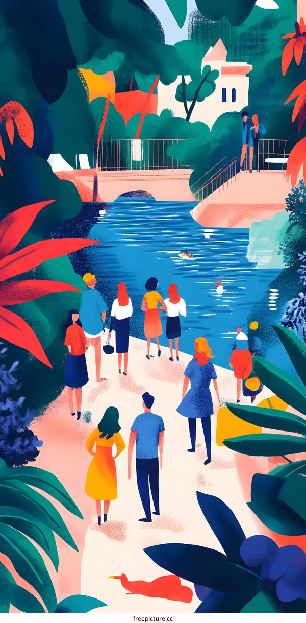 People Walking by River in a Park