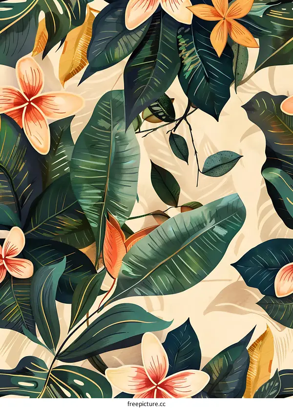 Tropical Leaves and Flowers Seamless Pattern