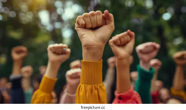 Activists of different ethnicities raise their fists in a show of unity and solidarity.