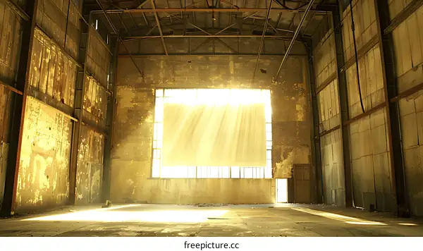 Sunlight Beams Through Large Window In Abandoned Warehouse