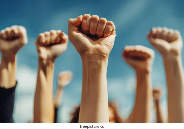 People raising their fists in the air in protest